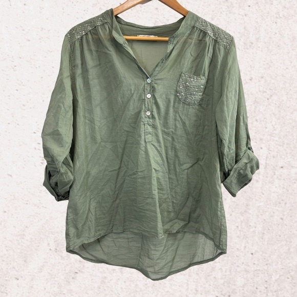 Green V-Neck Blouse with Rolled Sleeves - Picture 1 of 4